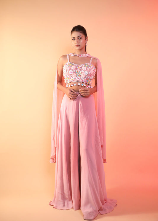 Peach Plazo Set In Georgette With Floral Handwork