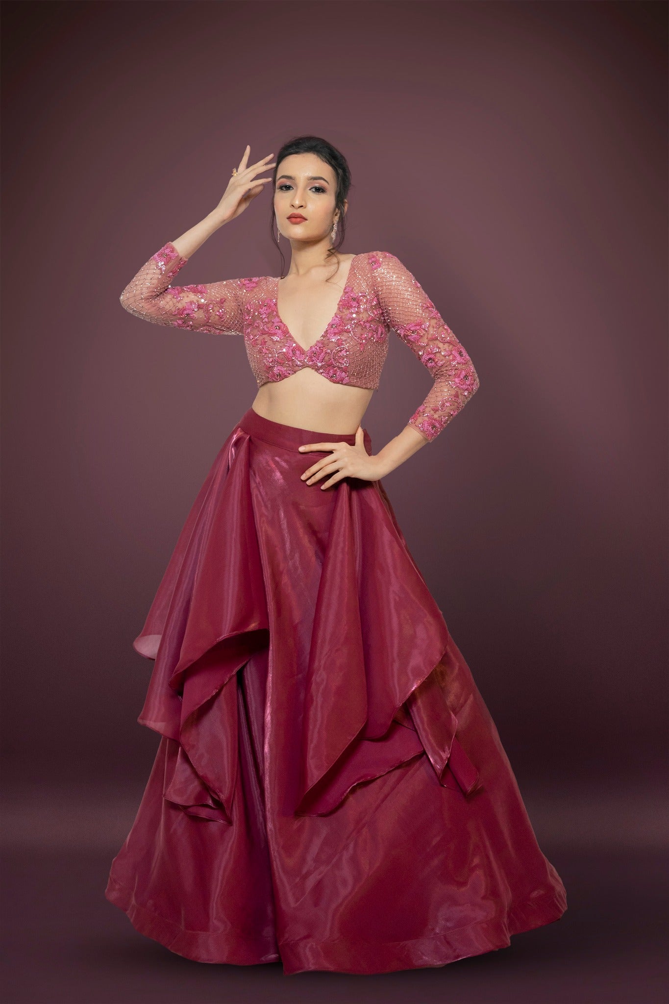 Rust Pink Lehenga With Onion Pink Blouse Adorned With Cutdana, Pearl, Sequence