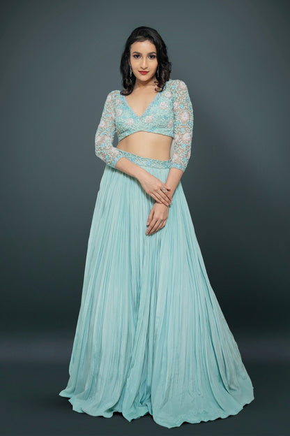 Light Teal Green Lehenga Choli With Sequins, Cutdana & Beads Floral Handwork