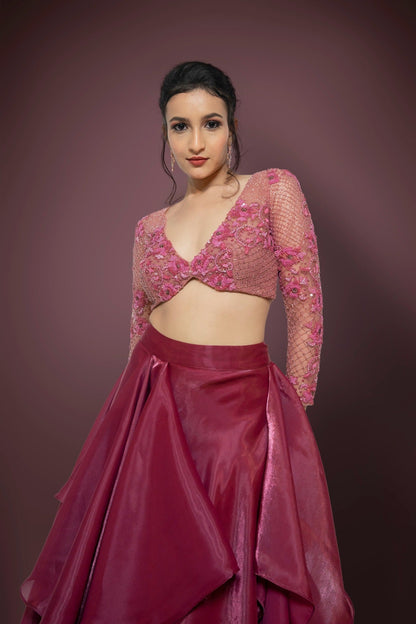 Rust Pink Lehenga With Onion Pink Blouse Adorned With Cutdana, Pearl, Sequence