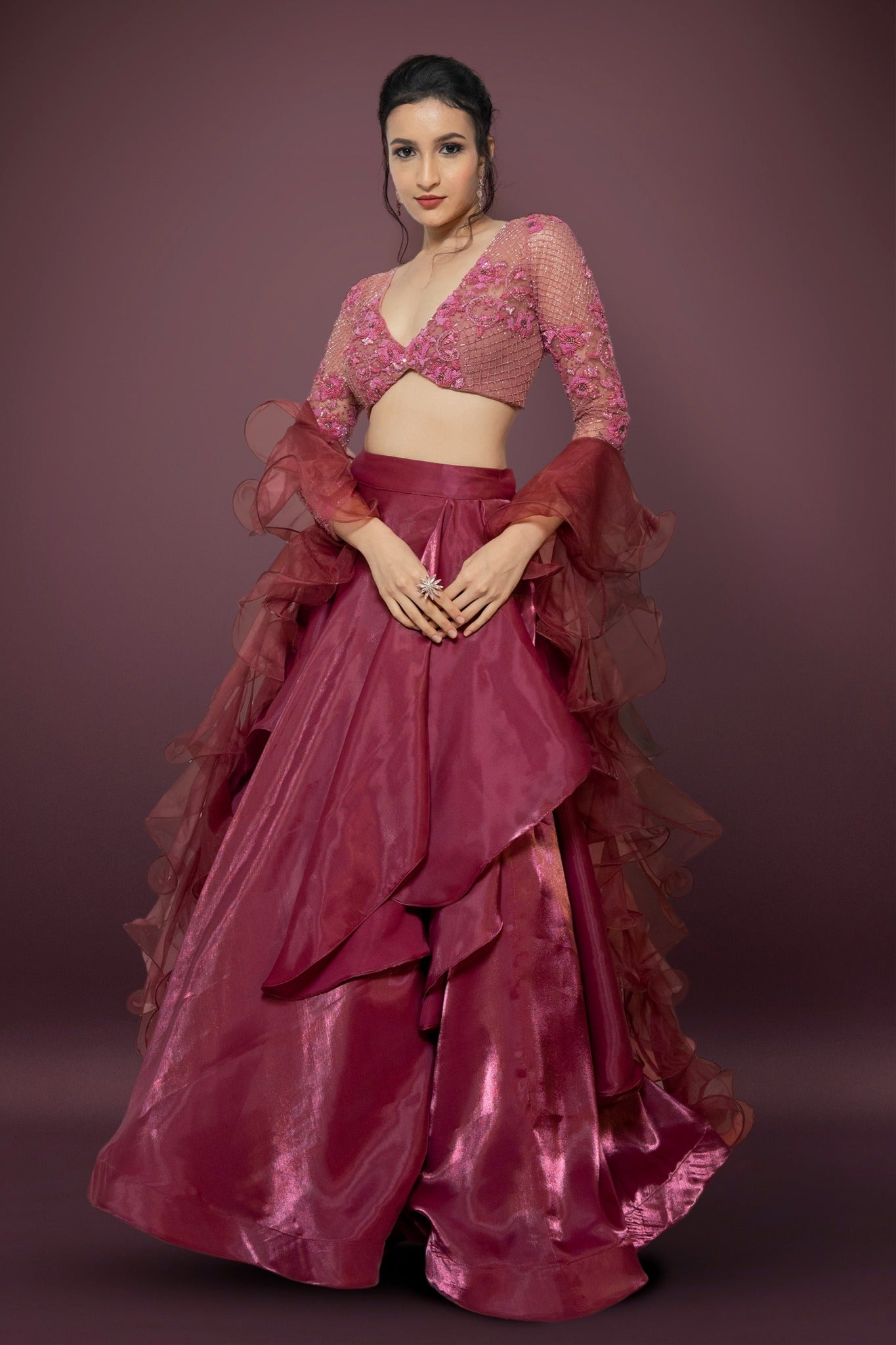 Black Velvet Blouse with Hot Pink Lehenga - Shrena Hirawat - East Boutique