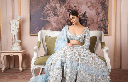 Ice Blue Organza Lehenga Embellished With Salli, Kutdana,Pearl & Sequins Heavily