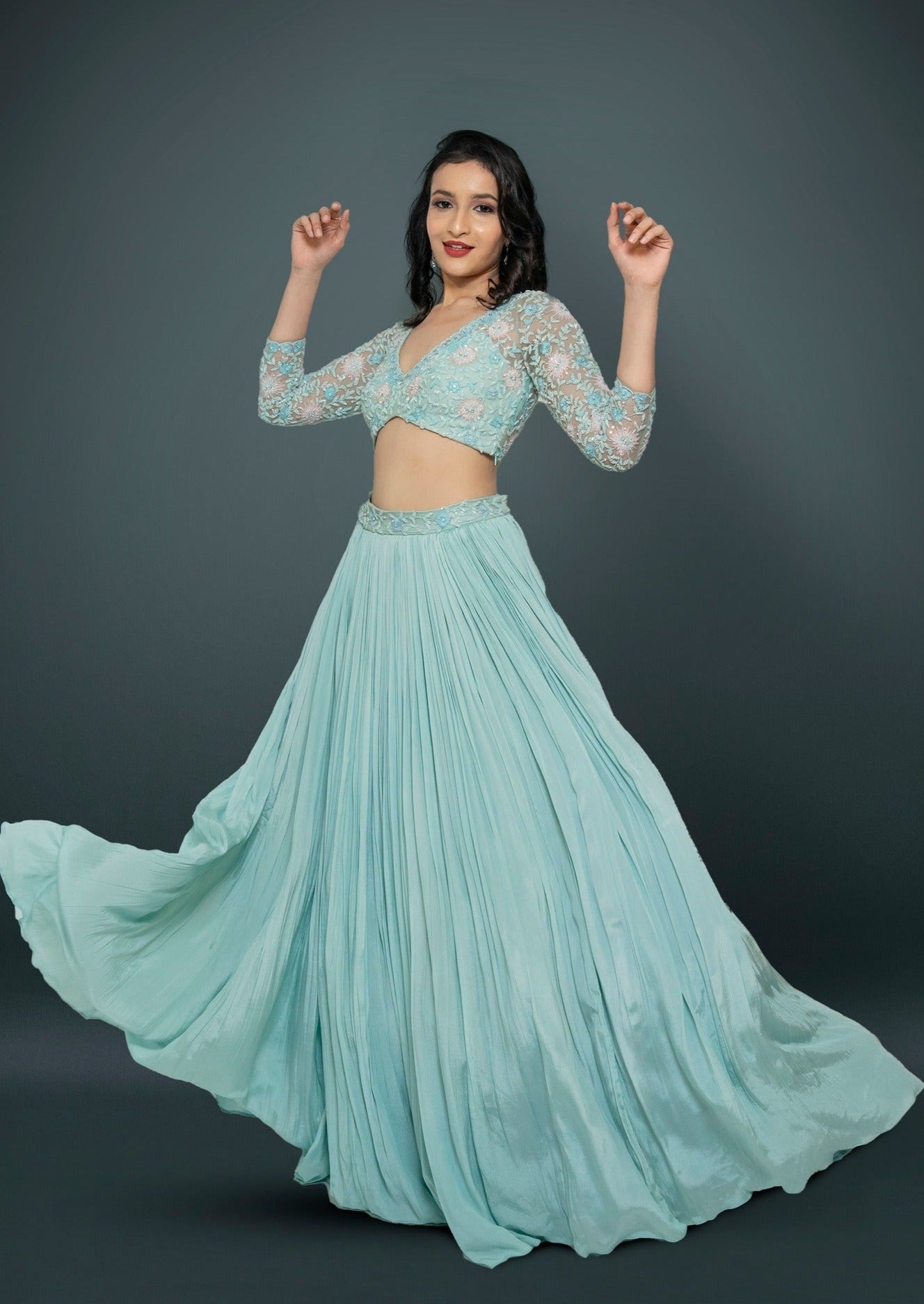 Light Teal Green Lehenga Choli With Sequins, Cutdana & Beads Floral Handwork