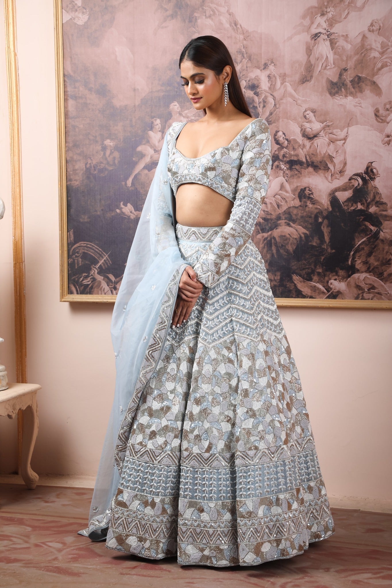 Ice Blue Organza Lehenga Embellished With Salli, Kutdana,Pearl & Sequins Heavily