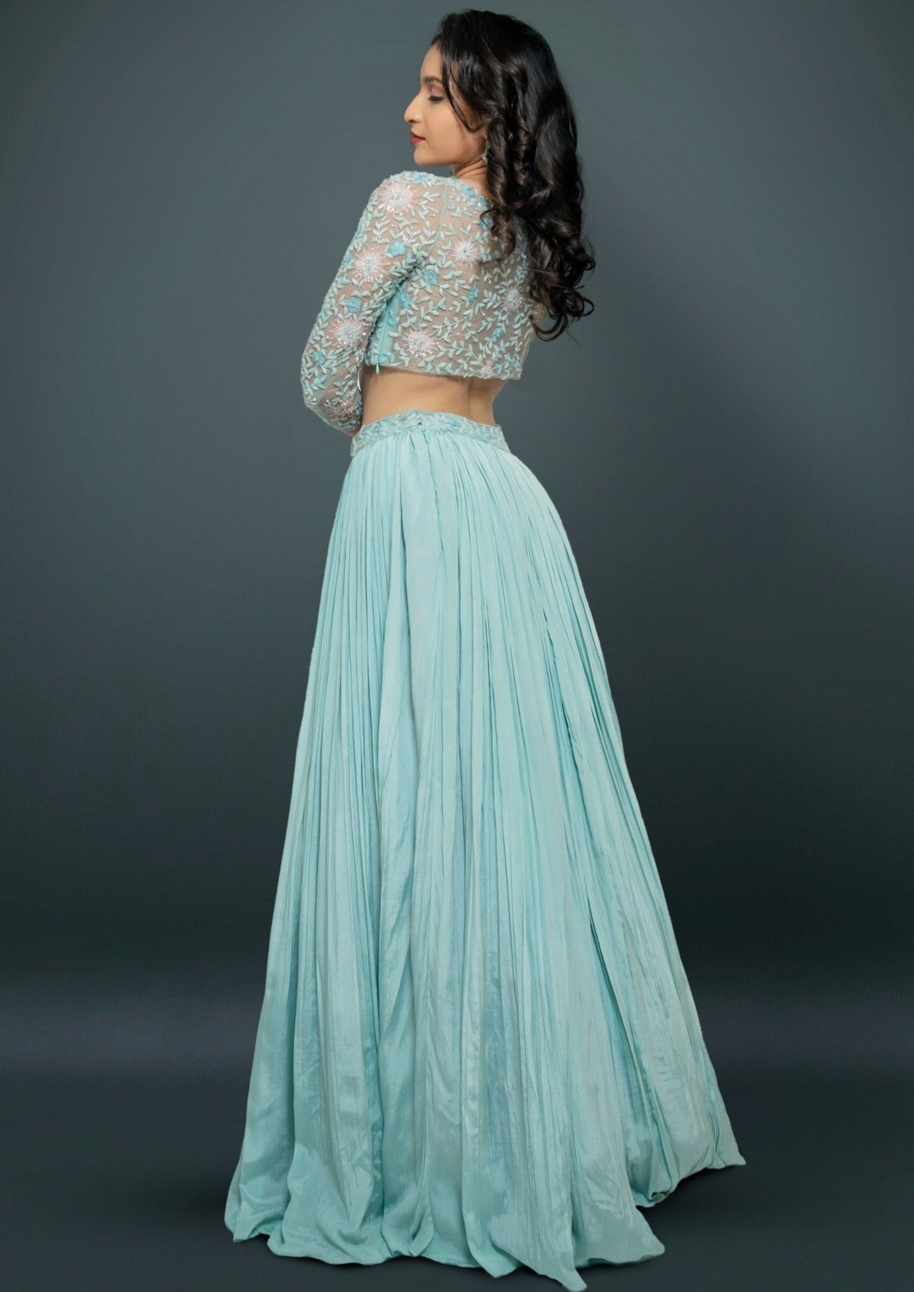 Light Teal Green Lehenga Choli With Sequins, Cutdana & Beads Floral Handwork