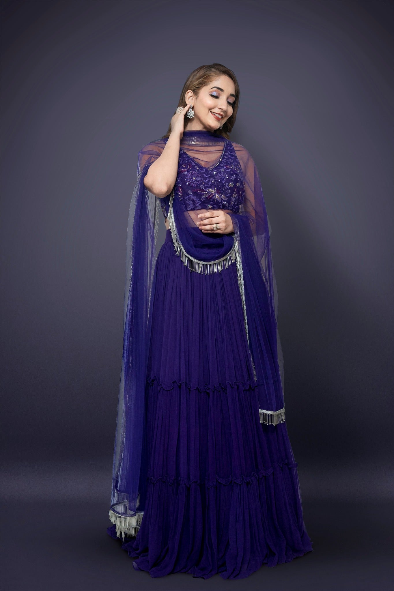 Purple Tiered Lehenga  Choli With Western Crystal, Cutdana, Pot And Sequins Work