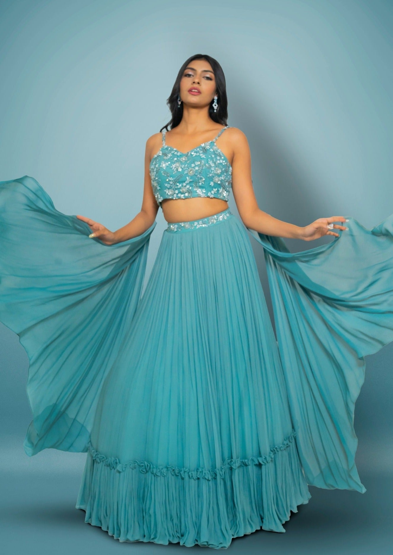 Teal Green Lehenga And  Blouse With Sequence, Cutdana & Crystal Work