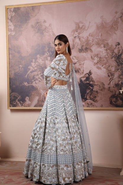 Ice Blue Organza Lehenga Embellished With Salli, Kutdana,Pearl & Sequins Heavily