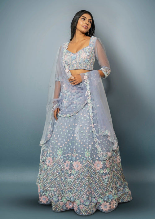 Light Blue Lehenga In OrganzaWith Hand Embroidered Floral Pattern