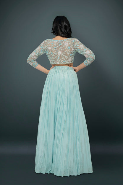 Light Teal Green Lehenga Choli With Sequins, Cutdana & Beads Floral Handwork