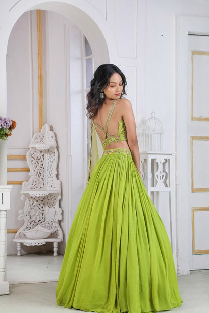 Lime Lehenga Choli With Handwork Blouse And Embroidered Waistline