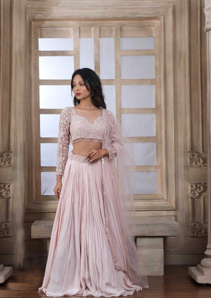 Rosegold Lehenga Choli With Intricate Self Work And A Matching Net Dupatta