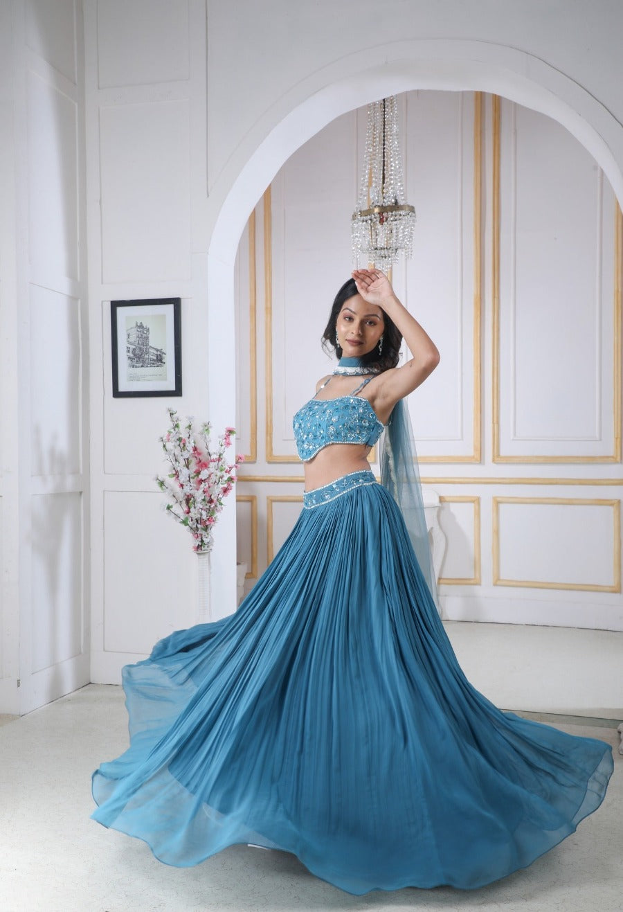 Aqua Blue Lehenga & Blouse With Sequence, Cutdana & Zardosi work With matching dupatta