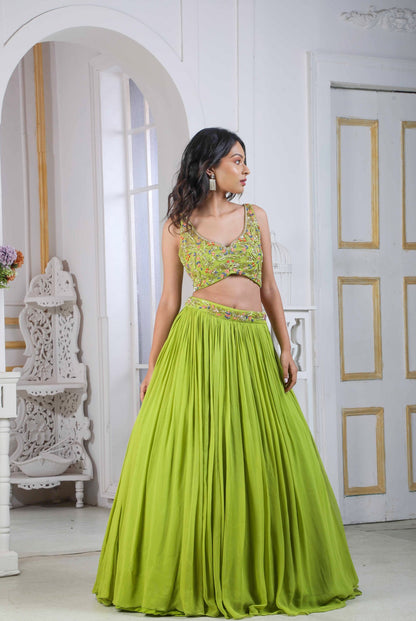 Lime Lehenga Choli With Handwork Blouse And Embroidered Waistline