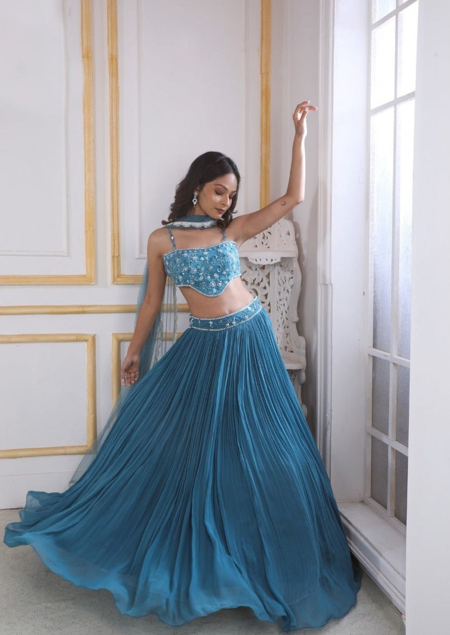 Aqua Blue Lehenga & Blouse With Sequence, Cutdana & Zardosi work With matching dupatta