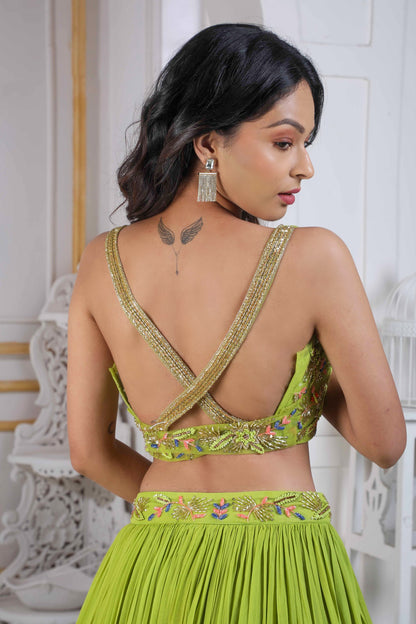 Lime Lehenga Choli With Handwork Blouse And Embroidered Waistline