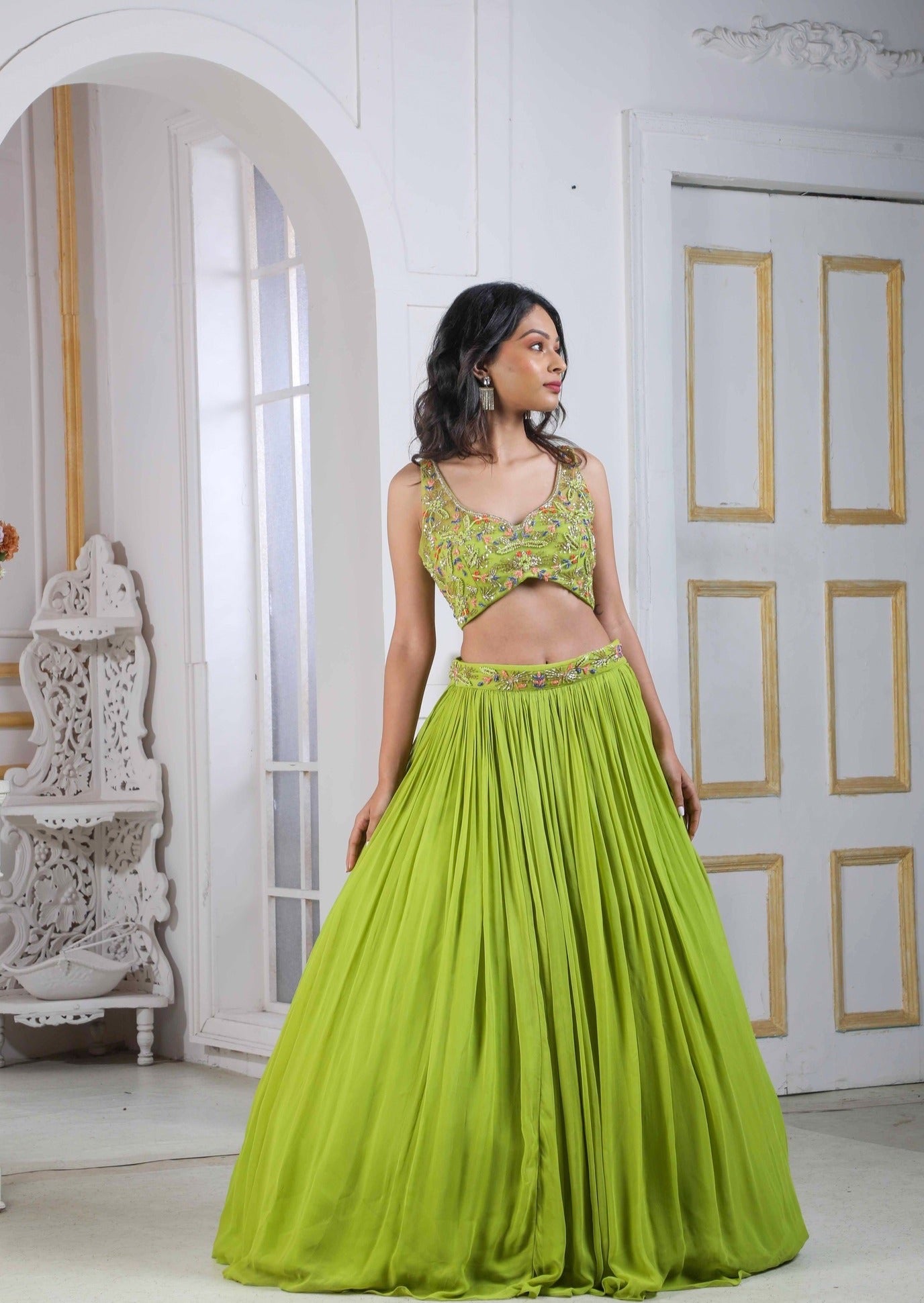 Yellow Floral Blouse with Multi-Colored Lehenga