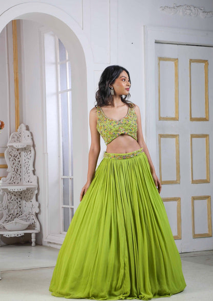 Lime Lehenga Choli With Handwork Blouse And Embroidered Waistline