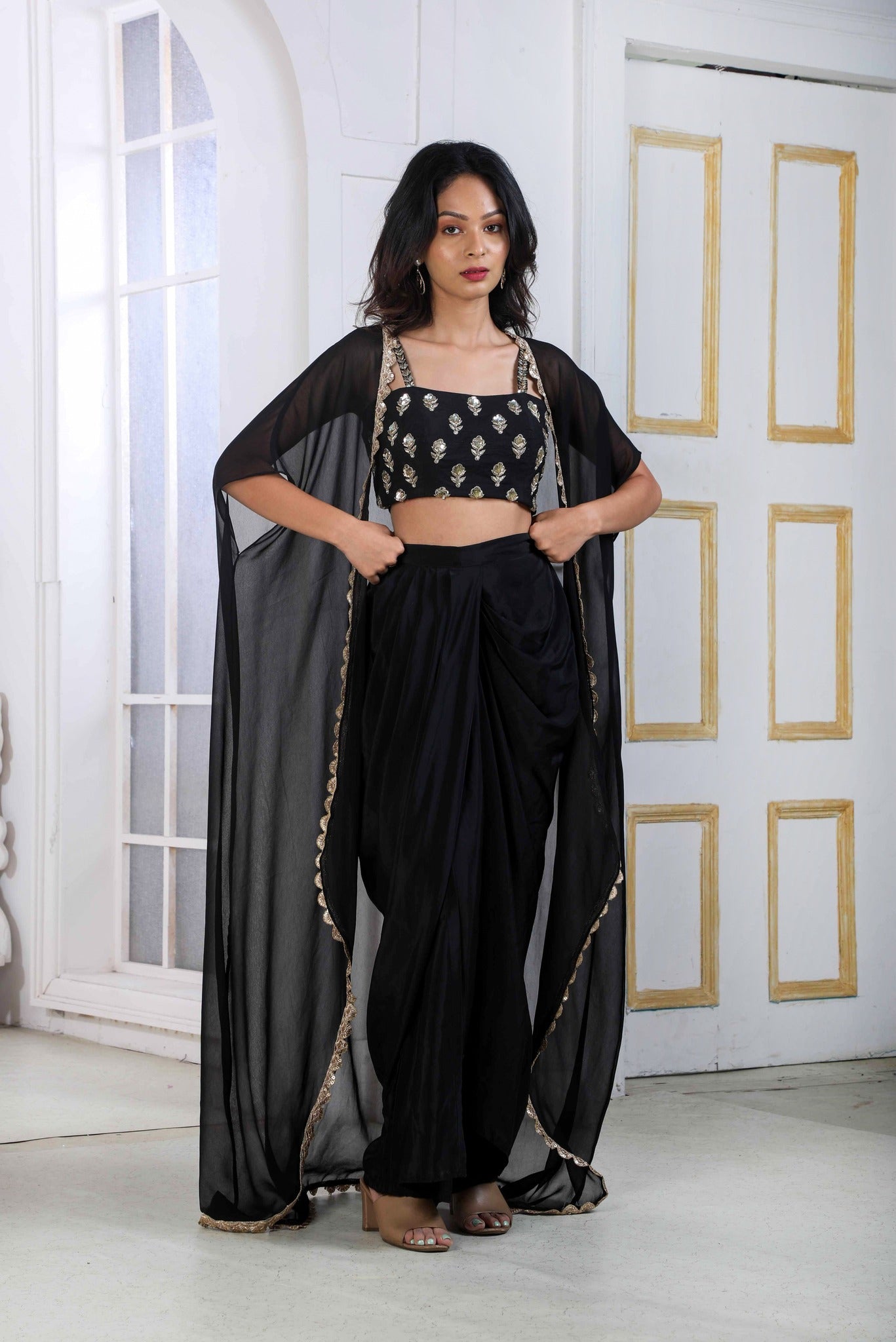 Black Chumki Embellished Cotton Saree | bongchong