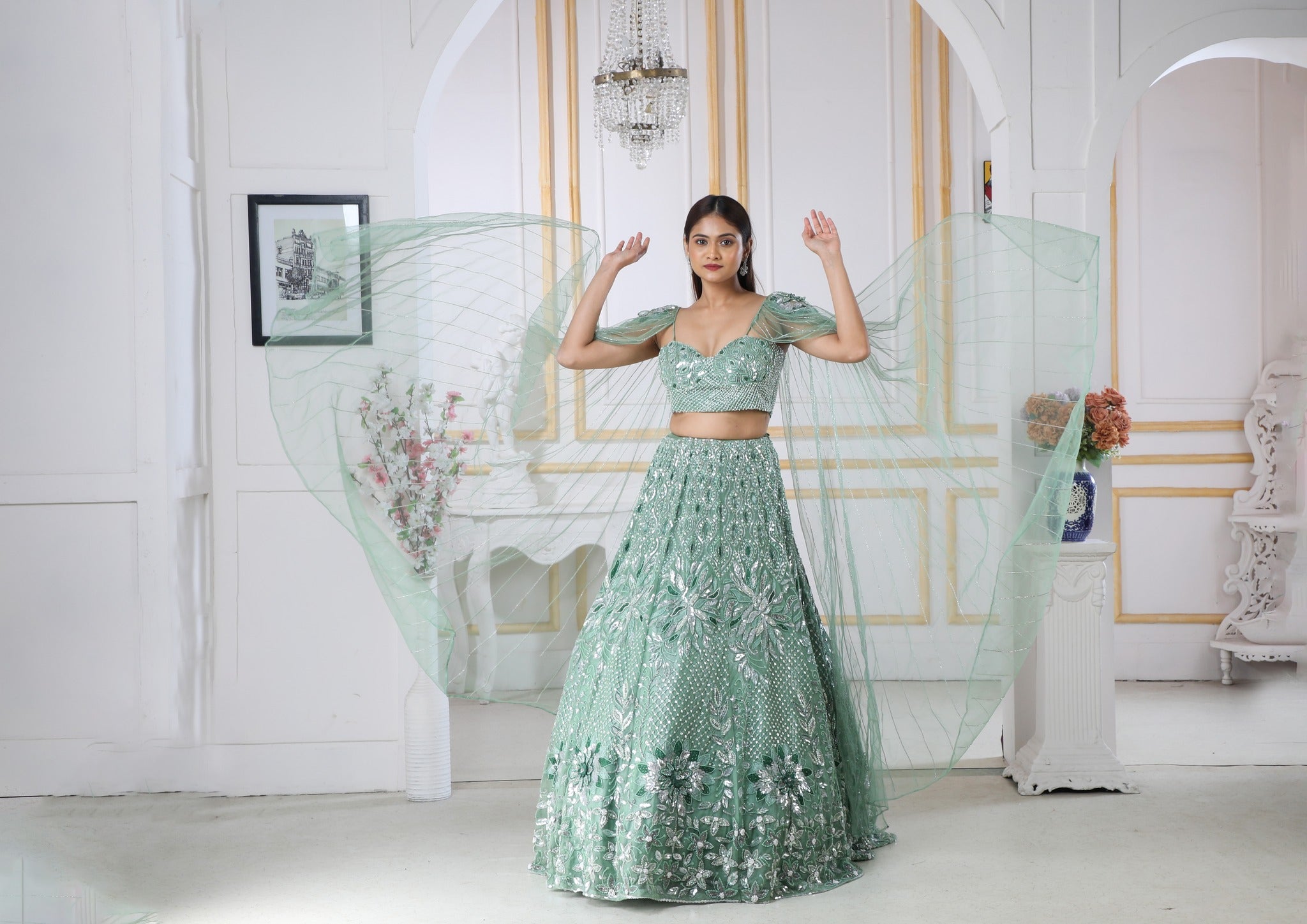 Light Blue Tie Dye Chinon Pleated Lehenga and Crop Top Set with...