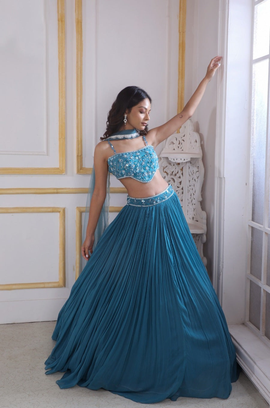 Aqua Blue Lehenga & Blouse With Sequence, Cutdana & Zardosi work With matching dupatta