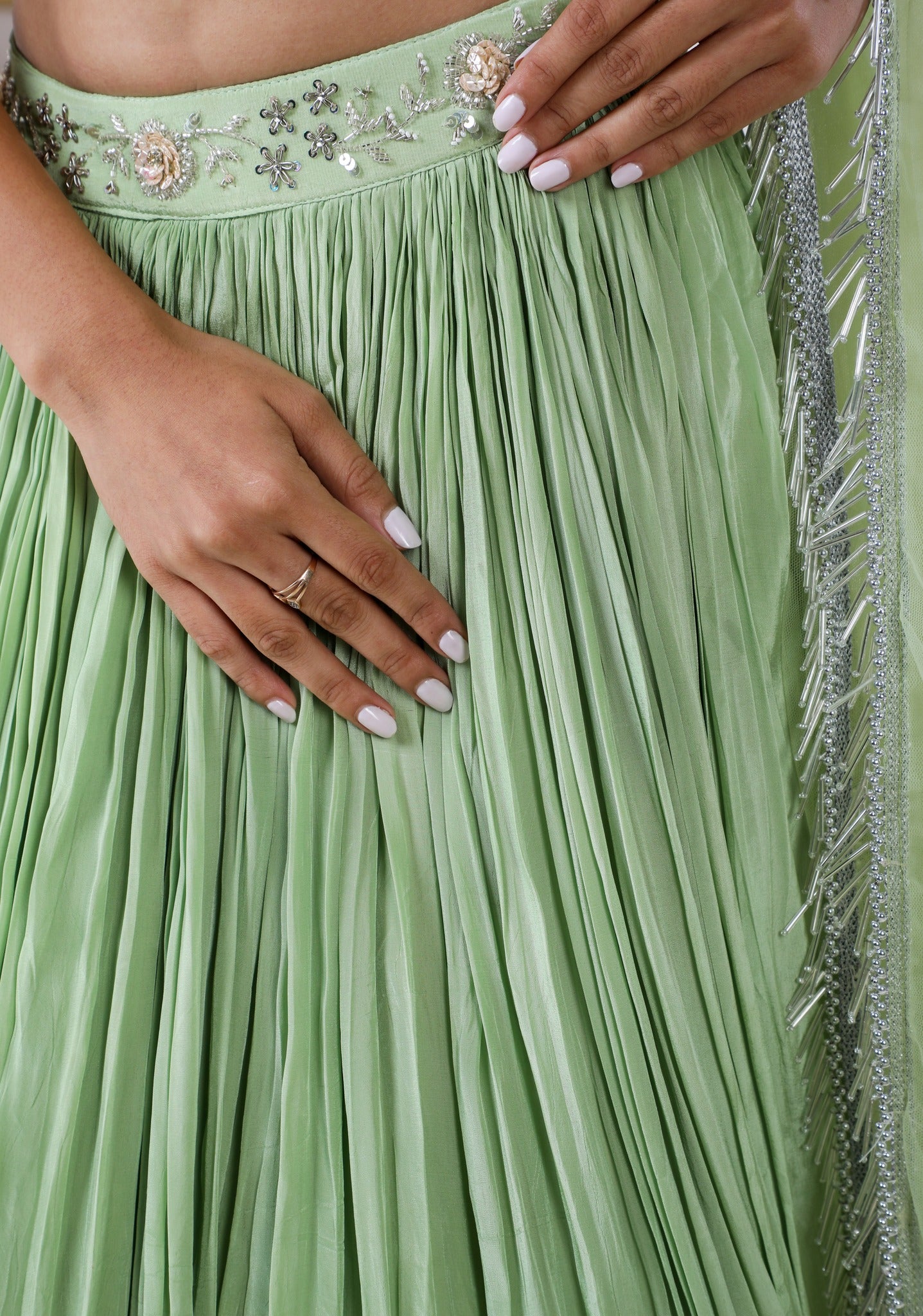 Mint Green Lehenga & Blouse In Crape With Floral Handwork And A Matching Dupatta