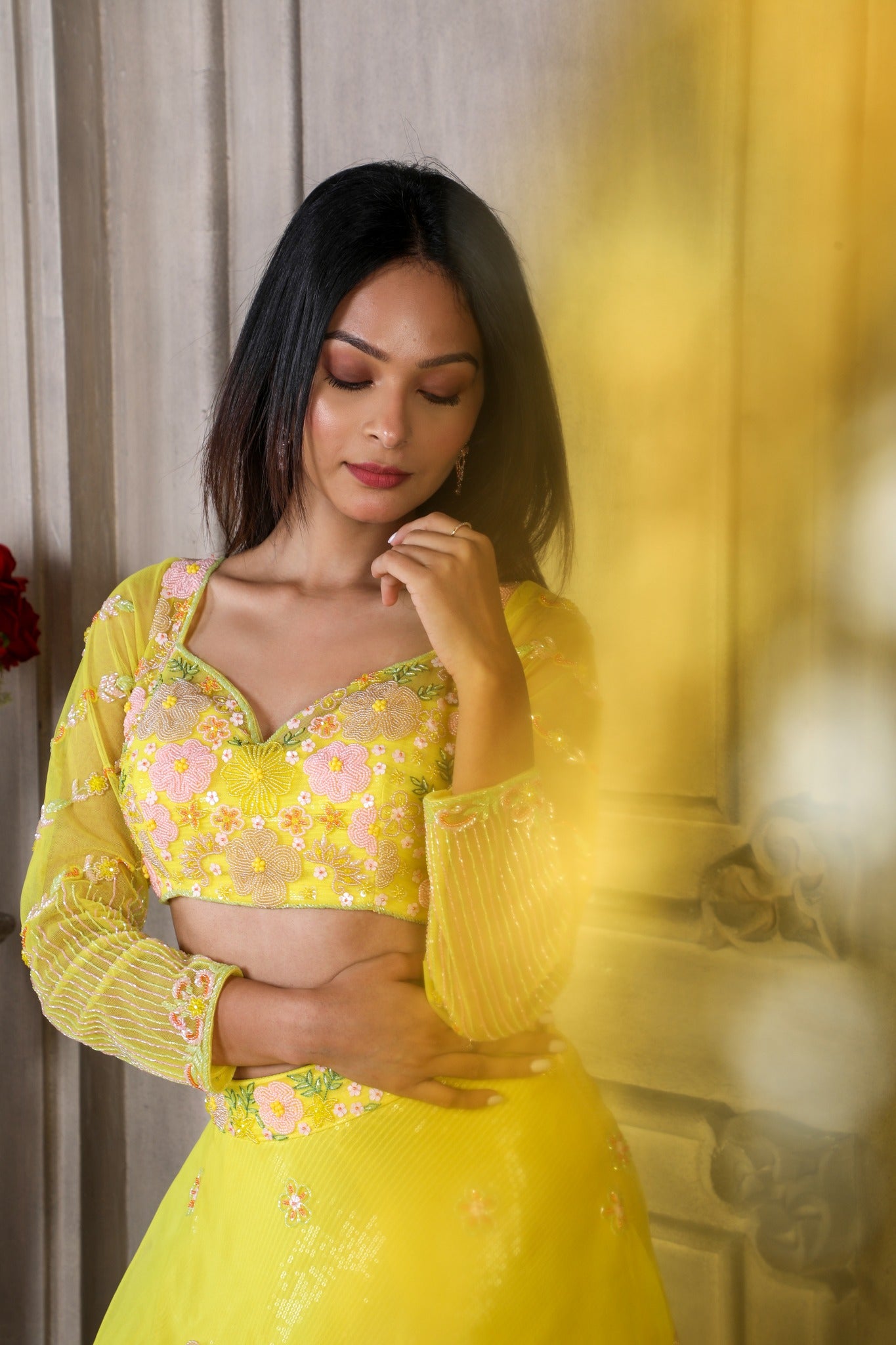 Buy Lemon Yellow Mirror Embroidered Indian Wedding Lehenga In Usa online