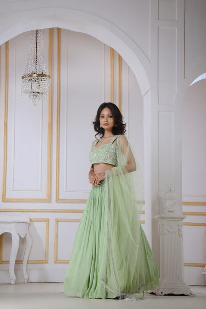 Mint Green Lehenga & Blouse In Crape With Floral Handwork And A Matching Dupatta