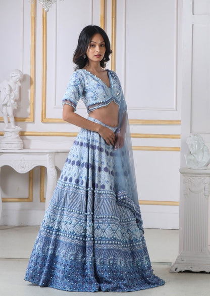 Ocean Ombre Lehenga & Blouse Heavily Embroidered With Various Materials And A Matching Dupatta