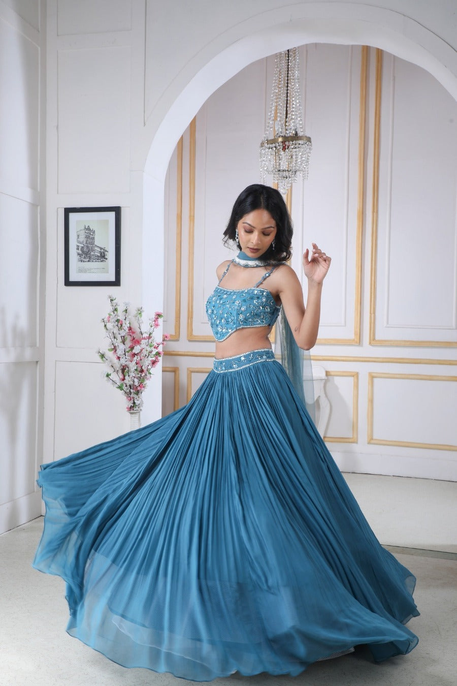 Aqua Blue Lehenga & Blouse With Sequence, Cutdana & Zardosi work With matching dupatta