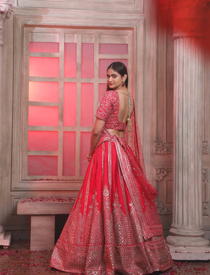 Cherry Red lehenga In Raw Silk With Sequins And Aari Handwork And A Matching Dupatta