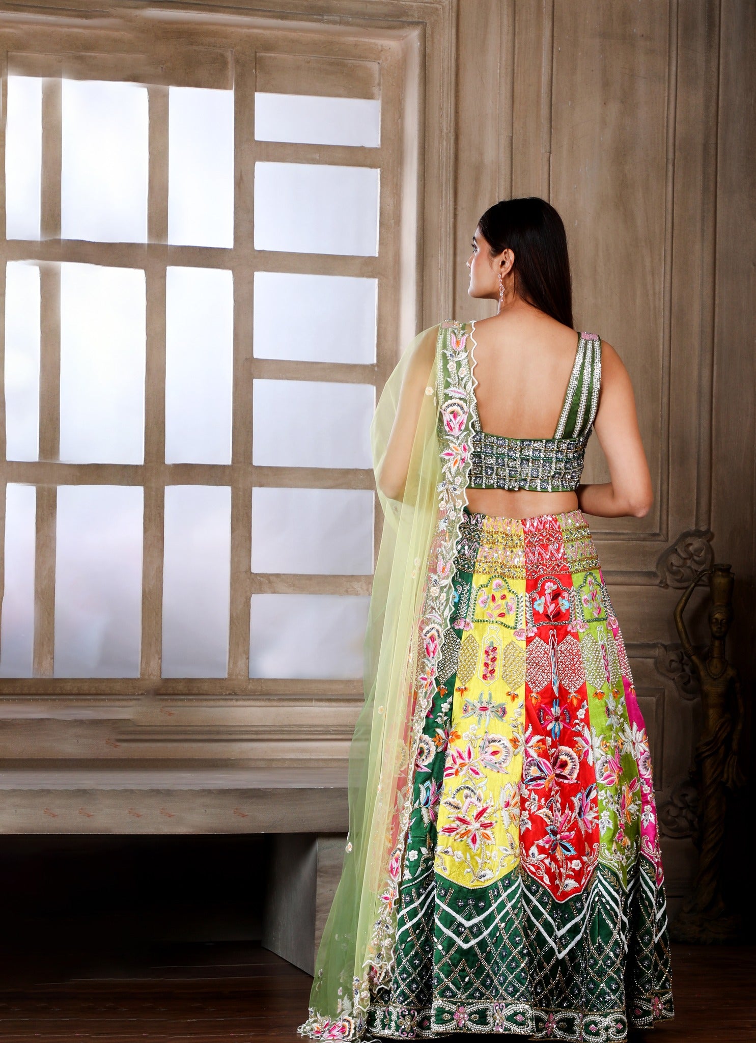 turq green lehenga in raw silk with pink blouse and beige dupatta in sequin  work