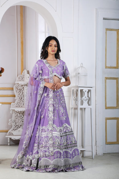 Iris Lehenga Choli With Silver & Self Zardosi Embroidery And A Matching Dupatta