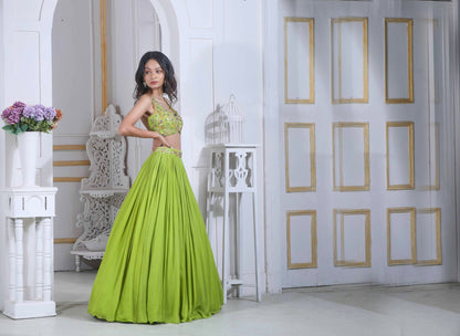 Lime Lehenga Choli With Handwork Blouse And Embroidered Waistline