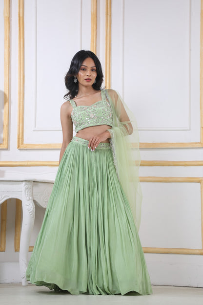 Mint Green Lehenga & Blouse In Crape With Floral Handwork And A Matching Dupatta