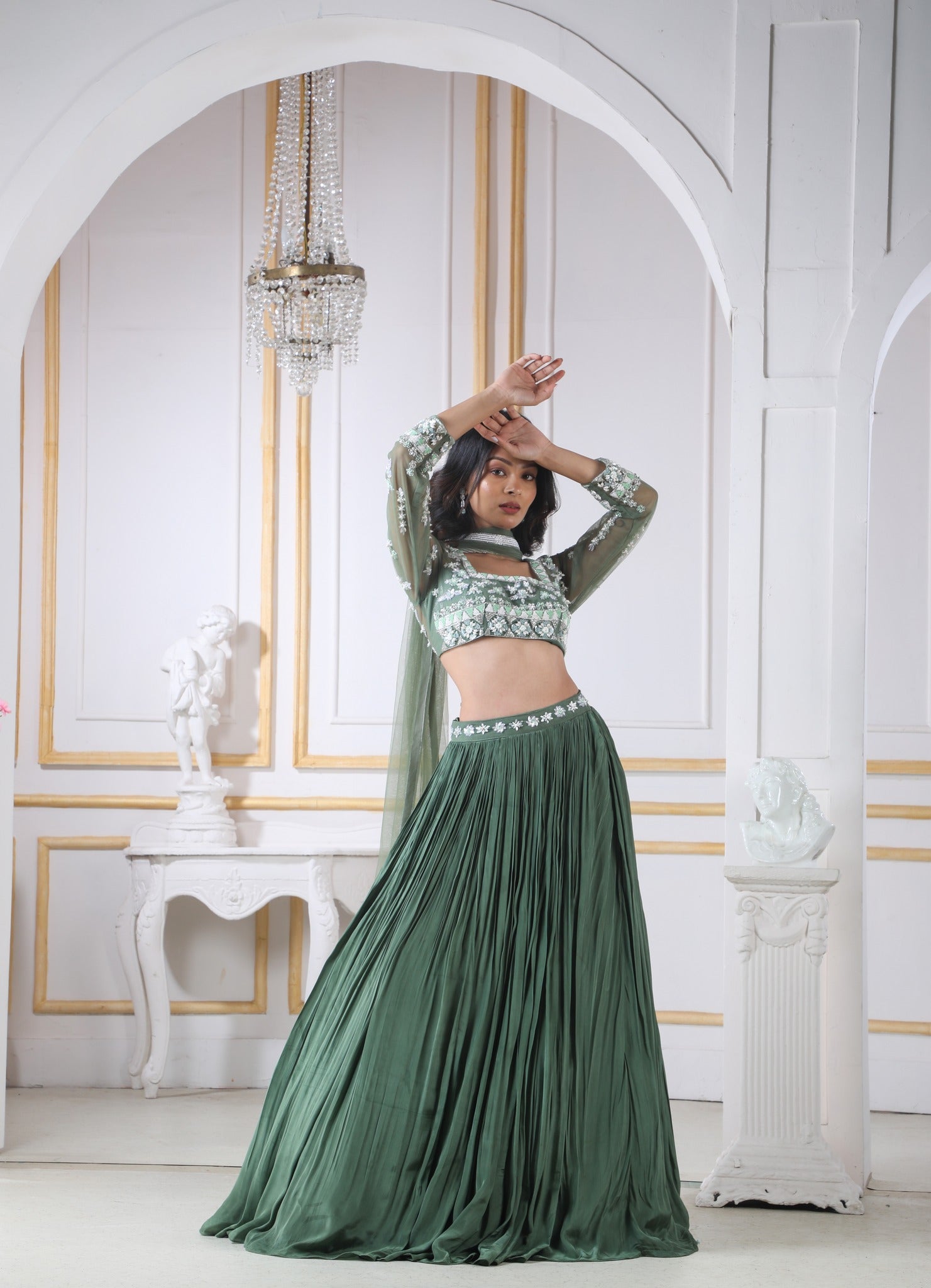 SEA GREEN LEHENGA SET WITH “ABLA” AND IVORY THREAD WORK PAIRED WITH A  MATCHING BLOUSE AND DUPATTA WITH FRILL DETAILS - Seasons India