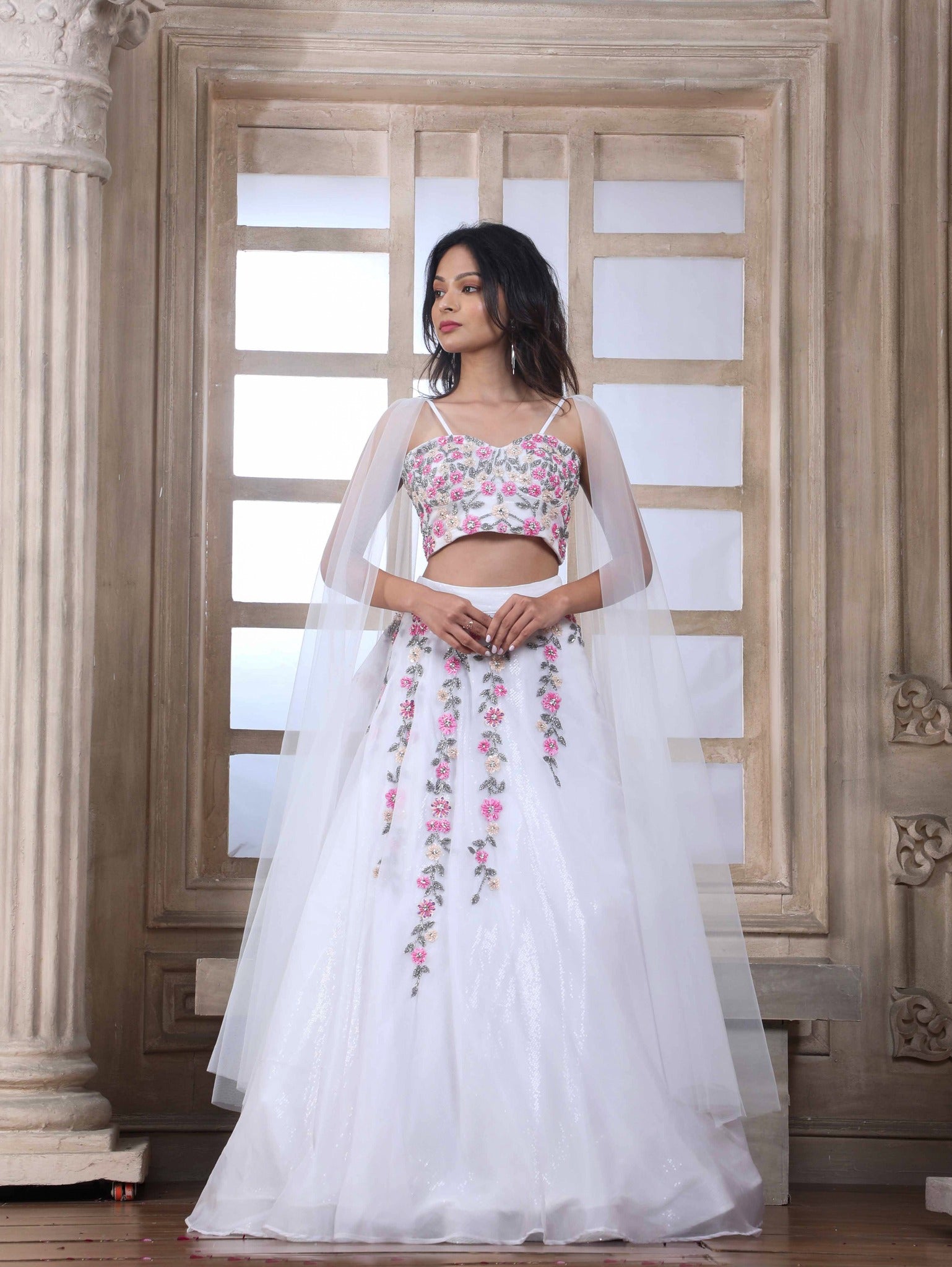 Buy Women Ivory Embroidered Lehenga Set With Embroidered Blouse And Dupatta  - Ready To Wear Lehengas - Indya