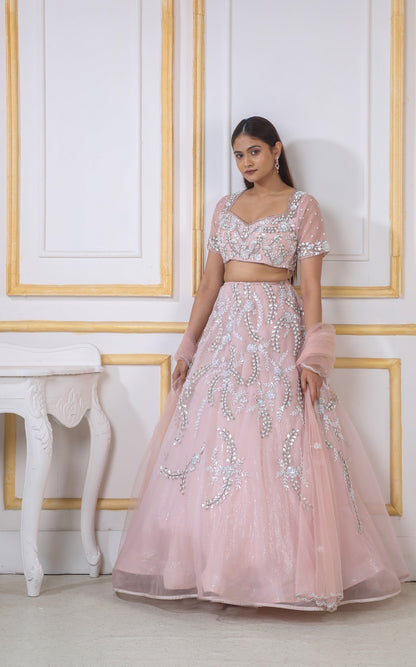 Peach Lehenga In Organza & Net Blouse With Zardosi And Gota Work In Jaal & Floral Style.