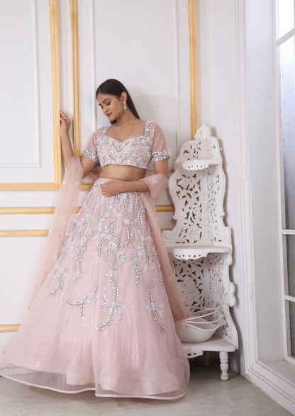 Peach Lehenga In Organza & Net Blouse With Zardosi And Gota Work In Jaal & Floral Style.