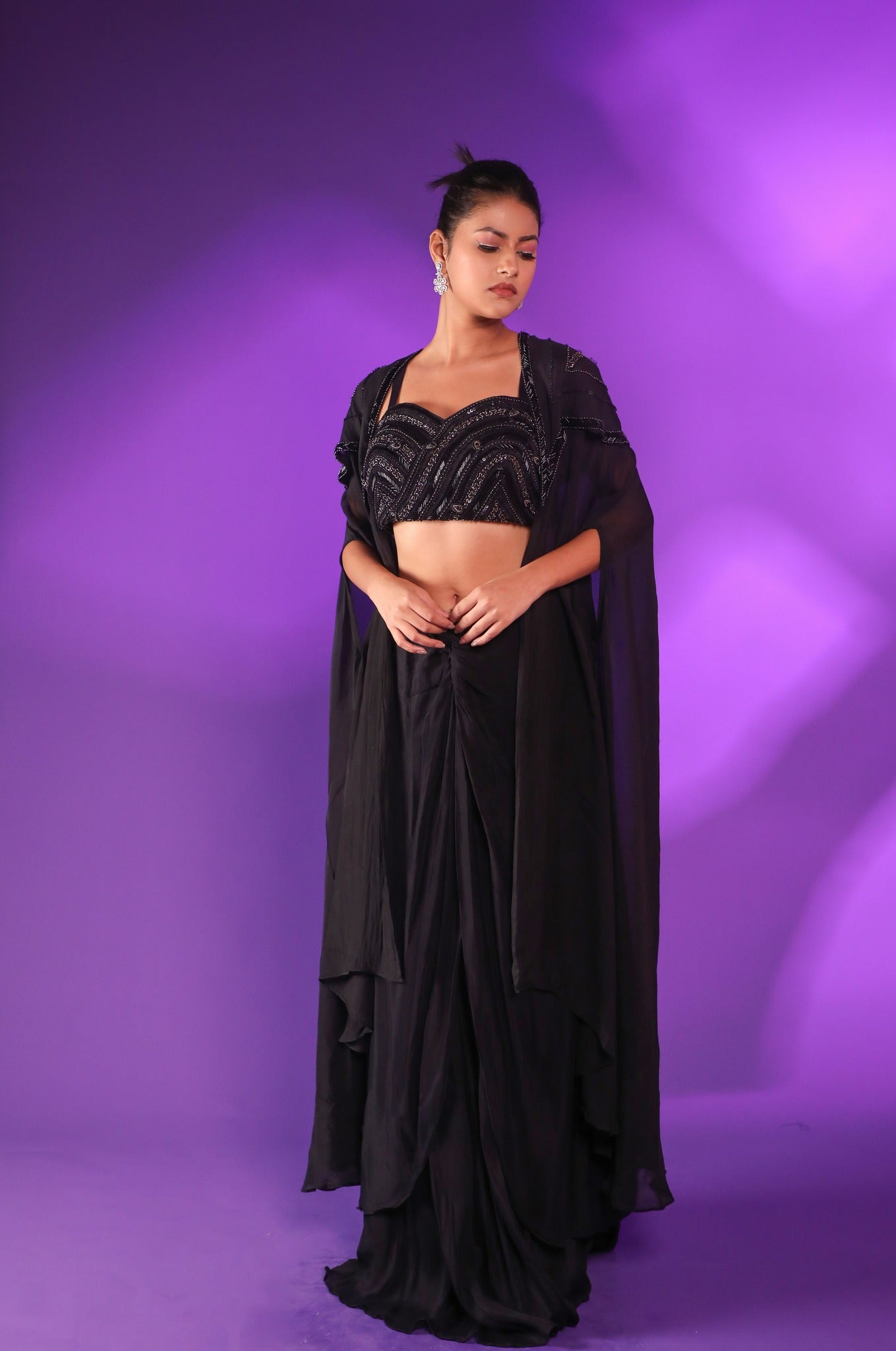 Black Drape Skirt With Hand Embroidered Blouse And Cape