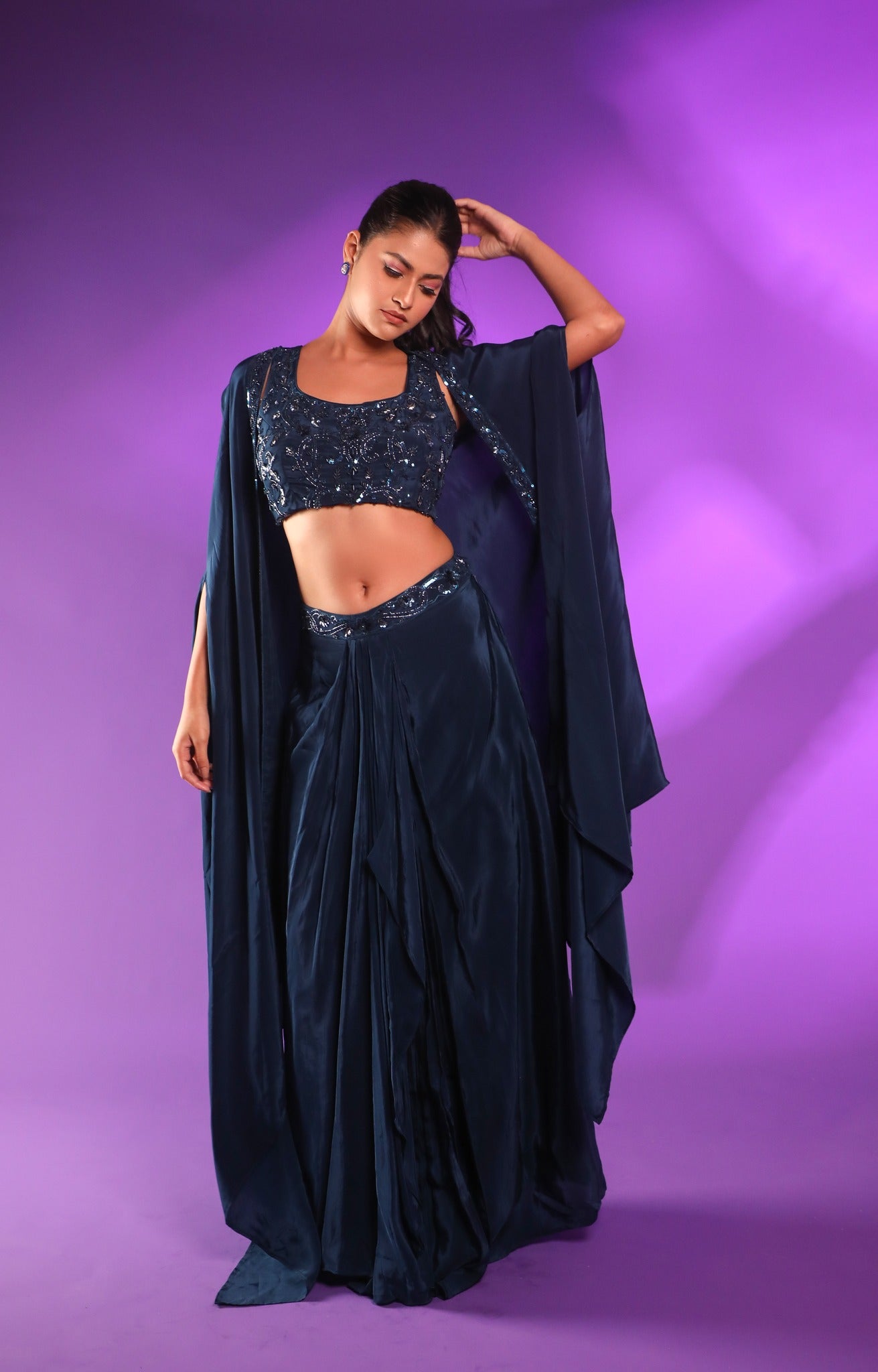 Dark Blue Drape Skirt With Hand Embroidered Blouse And Cape