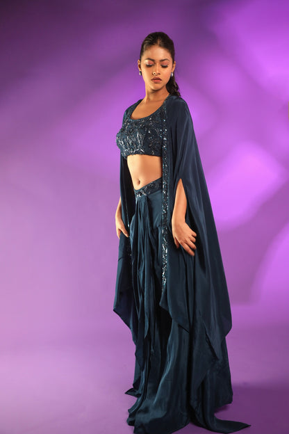 Dark Blue Drape Skirt With Hand Embroidered Blouse And Cape