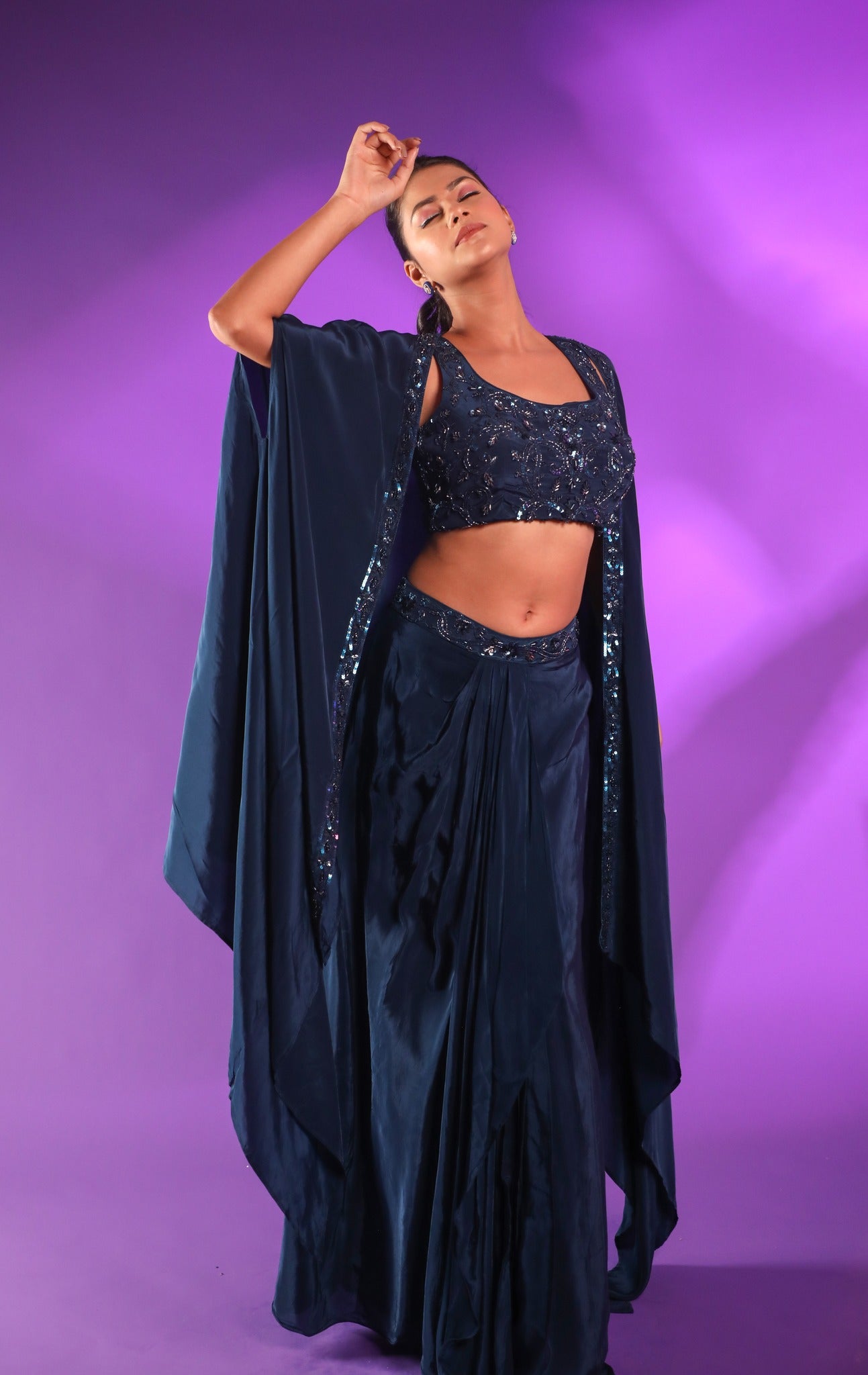 Dark Blue Drape Skirt With Hand Embroidered Blouse And Cape