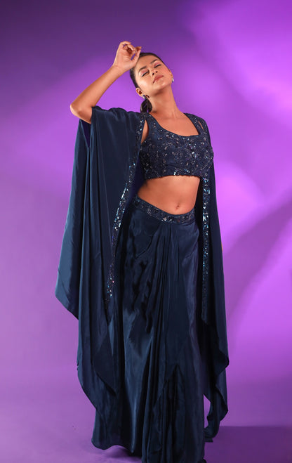 Dark Blue Drape Skirt With Hand Embroidered Blouse And Cape