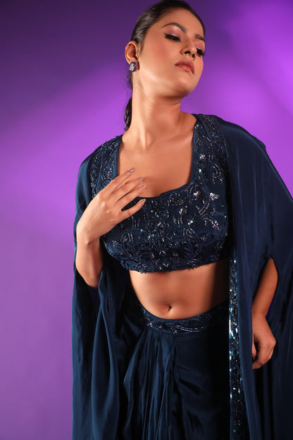 Dark Blue Drape Skirt With Hand Embroidered Blouse And Cape