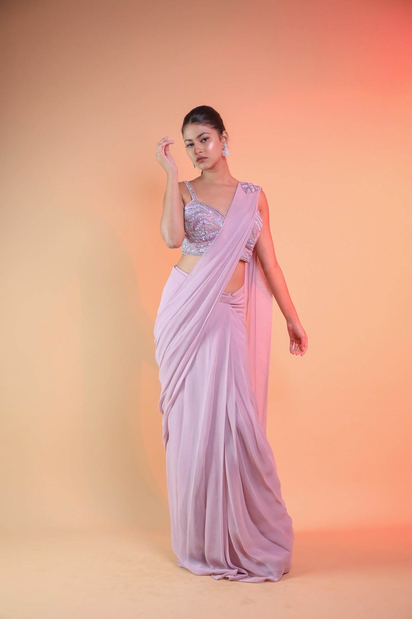 Mauve Pinkk Pre-Draped Saree In Georgette With Handwork Blouse