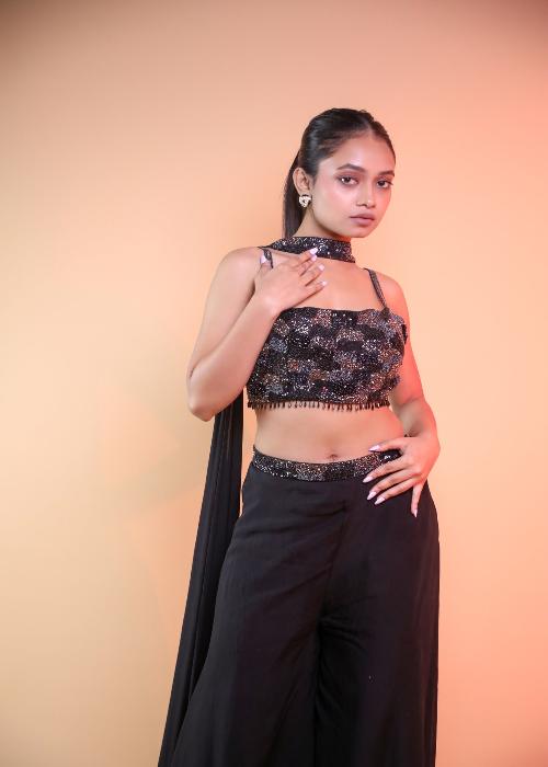 Black Plazo Set With Choker Dupatta In Handwork