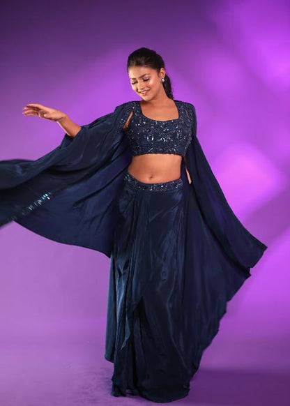 Dark Blue Drape Skirt With Hand Embroidered Blouse And Cape