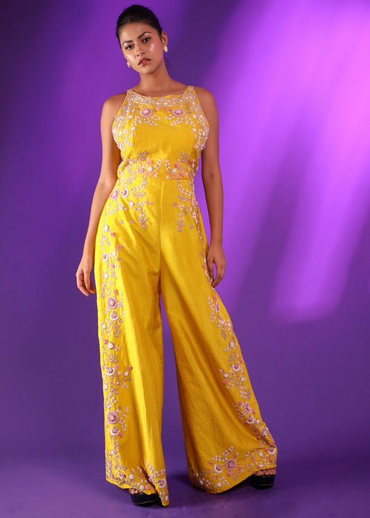 Yellow Jumpsuit With Floral Motif Embroidery