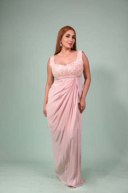 peach Gown Dress In Crape With Hand Embroidery On Bodice And Side Slit